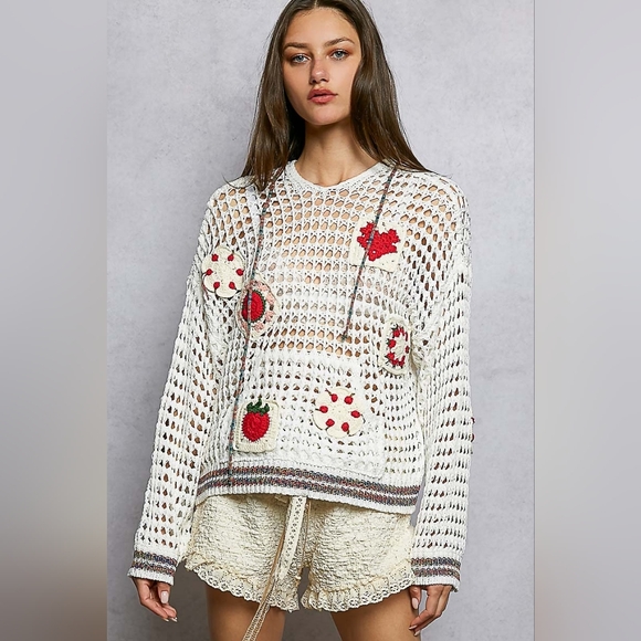 POL Tops - POL Crochet Strawberry Heart  Granny Patch Cotton Kangaroo Pocket Hoodie
